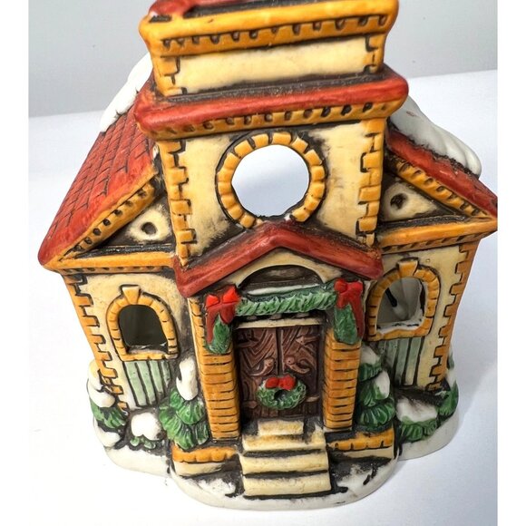 Lefton Hand-Painted Ceramic Church Tea Light Candle Holder With Snowy Roof - Picture 2 of 6